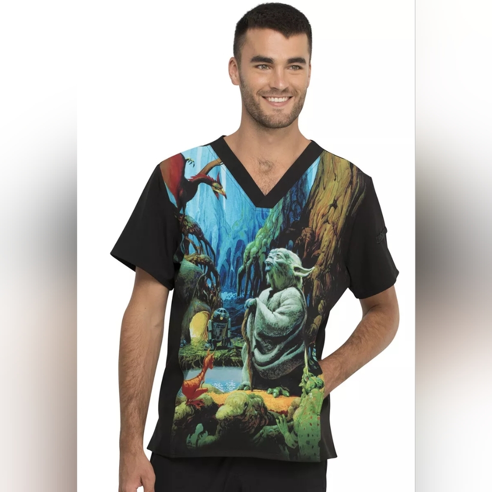 Yoda Cherokee Scrubs Tooniforms Star Wars Mens V Neck Top TF708 SRJM - Size M - Picture 1 of 7